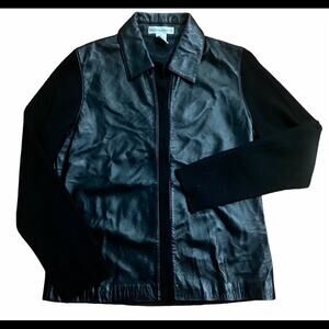 Y2K Black Leather Mixed Knit Zip Up Minimalist Timeless Jacket Womens M Comfort